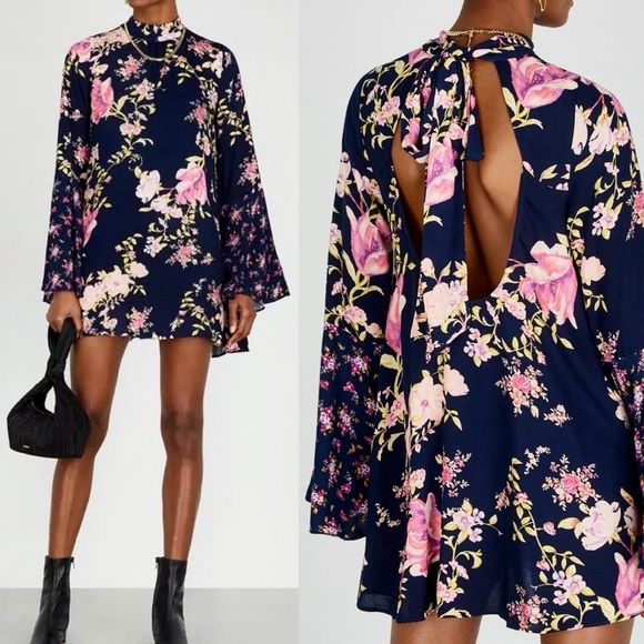 New Free People Tate Navy and Pink Floral Mini Dress - Picture 1 of 6